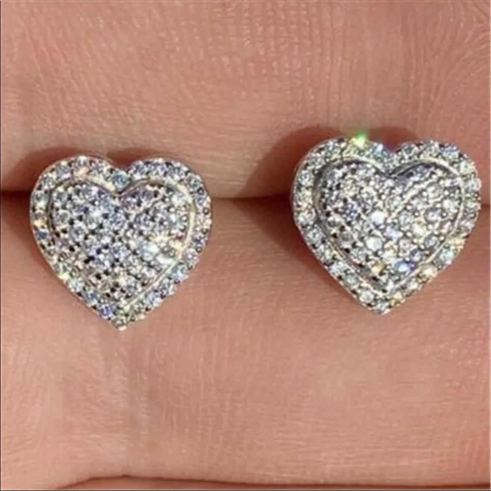 New Round Cut Romantic Heart Diamond Stud Earrings - Picture 3 of 5